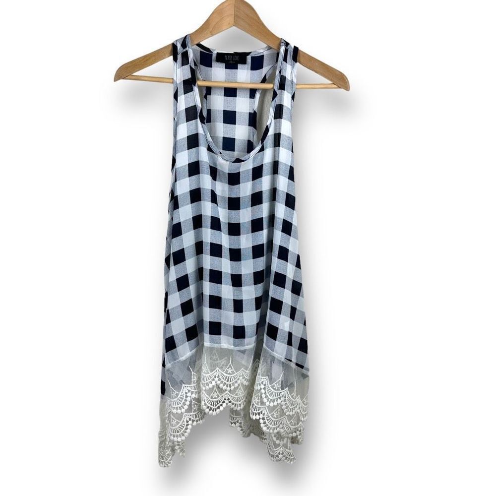 Peach Love black and‎ white buffalo check lace trim racer back tank top size S